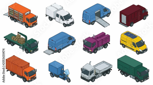 Collection of isometric delivery trucks and vans in various colors and types.