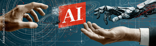 The Dawn of Artificial Intelligence: A human hand reaches out, intertwined with the digital realm, towards a robotic hand.