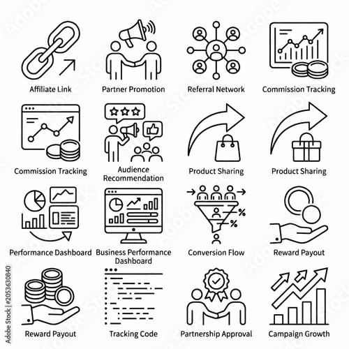Set of icons representing affiliate marketing and business growth strategies, including affiliate links, partner promotion, referral networks, and commission tracking.