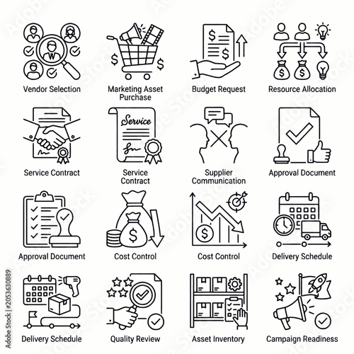 Set of business icons representing various aspects of project management and operations, including vendor selection, budget requests, and delivery schedules.