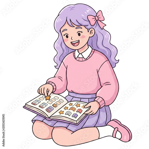 Cute Girl Completing Reading Challenge Journal, Book Tracker Character, Pastel Reading Clipart