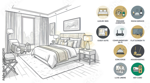 Luxury Hotel Room Sketch with Amenities Icons