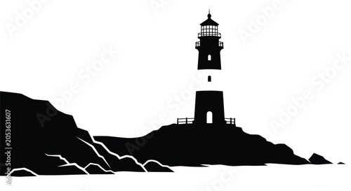 Foto Black silhouette of lighthouse on rocky cliff