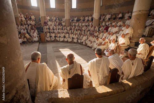 A group of roman senators dressed in traditional robes engages in deep discussion while seated in a circular amphitheater, illuminated by soft sunlight. Generative AI.