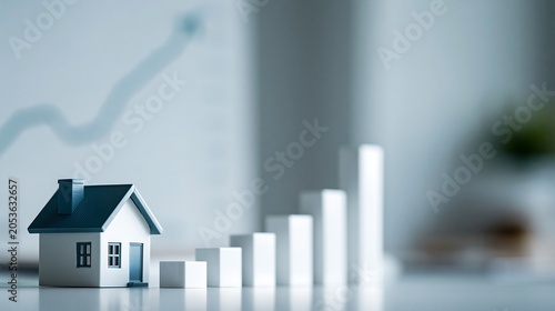 Model house beside growth chart illustrating real estate investment performance, increasing property values and passive income generation