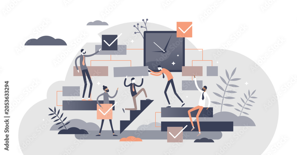 Fototapeta premium Project management development plan and time pressure flat tiny persons concept, transparent background. Process strategy with staff control and teamwork illustration.