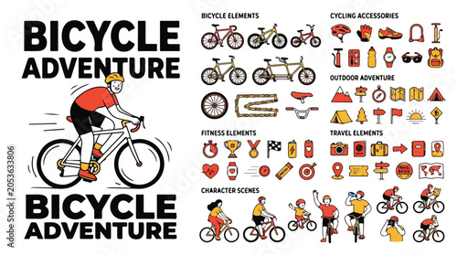 Bicycle adventure vector set, cycling accessories and fitness elements, outdoor travel icons and character scenes for mountain biking