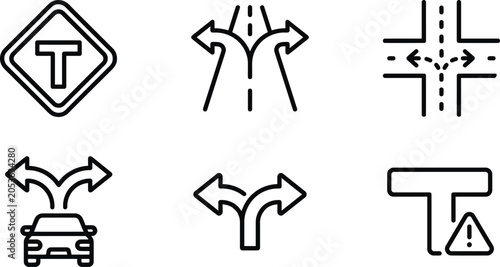 Foto T-Junction and Road Split Thin Line Icon Set - Traffic Direction