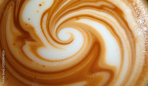 Close up of swirls cappuccino and milk foam mixed with creamy bubbles.