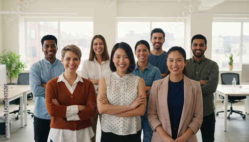 Diverse group of smiling professionals standing together in a modern office environment, representing teamwork and collaboration.