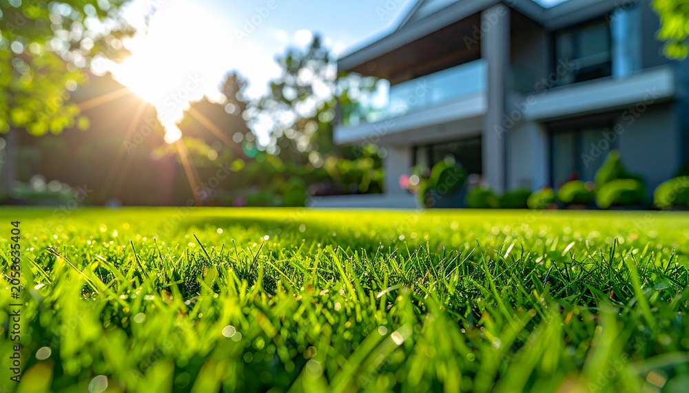 Naklejka premium Fresh green lawn with perfectly maintained grass, blurred modern house in the background, residential neighborhood, backyard landscaping. Close-up.