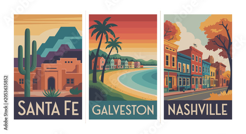 Santa Fe New Mexico poster, retro travel wall art featuring sunset sky and scenic landscape design