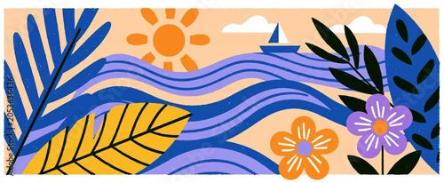 Panel kuchenny z motywem Vivid abstract summer card with whimsical tropical leaves bright ocean waves and a serene boat.