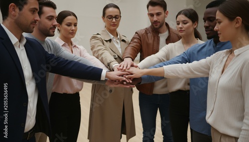 Diverse group of professionals joining hands in a circle, symbolizing unity and teamwork in the workplace.