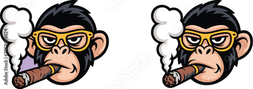 Photography Chimpanzee, mascot icon, monkey face with glasses and cigar for brand identity e