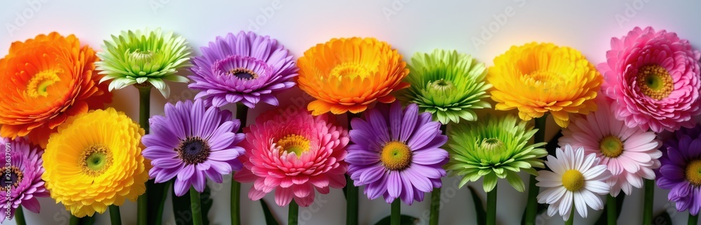 Fototapeta premium A vibrant row of gerbera daisies displays cheerful orange, purple, pink, green, and yellow hues. These beautiful blossoms create a colorful floral arrangement, perfect for spring or summer themes.