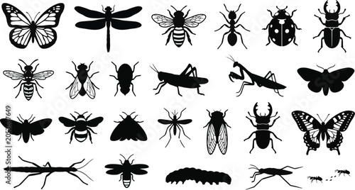 Insect icons collection displays a diverse range of silhouettes including butterflies, beetles, and bees for biological study or naturalistic graphic design projects.