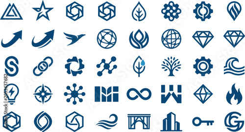 Corporate logos and icons showcase a wide array of abstract symbols and geometric shapes designed to represent modern business branding and professional identity for various commercial industry.