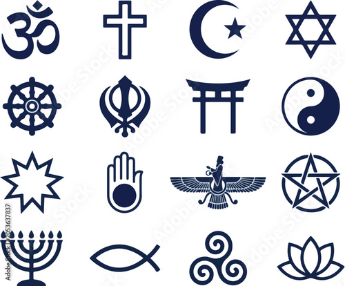 Religious symbols representing diverse global faiths are arranged in a clean grid pattern on a solid background.