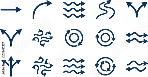 Arrows collection presents a diverse range of directional indicators and movement symbols including straight, curved, circular, and wavy lines to facilitate clear visual flow in digital designs.