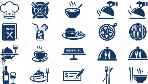 Restaurant icons illustrate a variety of dining service symbols including chef hats, food covers, beverages, and menu items to enhance professional hospitality and culinary branding presentations.