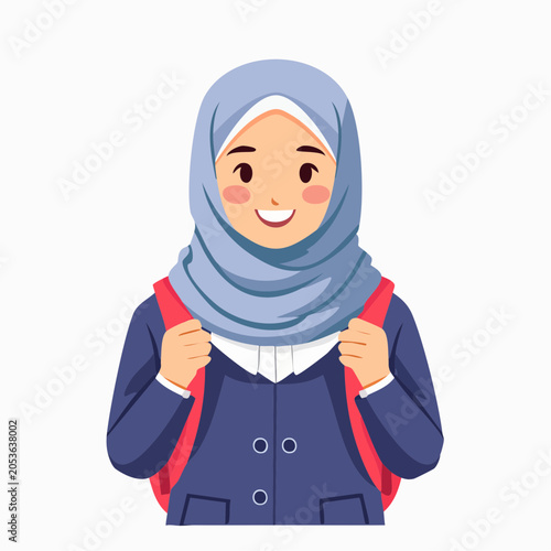 Young Muslim Girl Wearing Hijab and Backpack