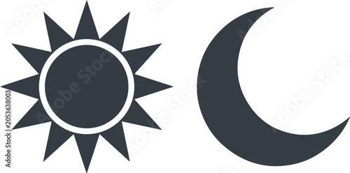 Sun and moon icons represent the natural cycle of day and night through minimalist graphic symbols isolated against a plain white background for versatile design integration and visual clarity.