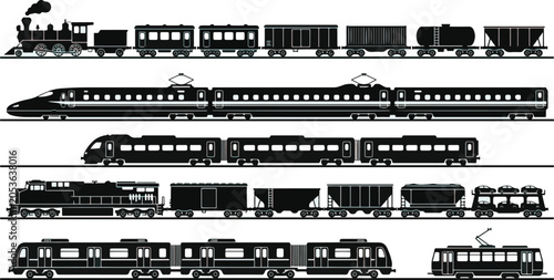 Trains collection features a series of railway vehicles including steam engines, high-speed passenger cars, and freight cargo transporters for transit design.