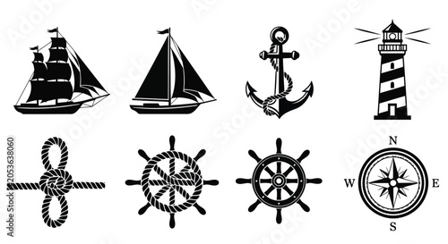 Foto Nautical icons set including ships anchor lighthouse and navigation tools