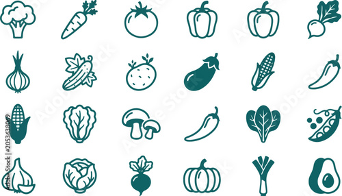 Vegetables icons representing healthy food choices are organized in a clean grid for culinary projects and digital menu design, providing an essential collection of natural ingredients and produce.