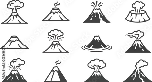 Volcano icons display various stages of geological eruption patterns in a clean black and white minimalist graphic style set.