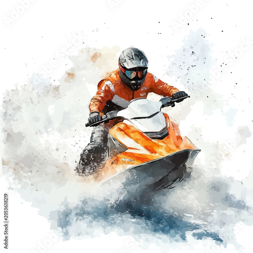 Konstfotografi Jet Skiing in watercolor painting style, vector illustration on white background