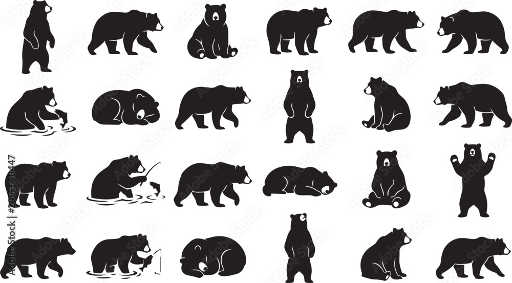 Obraz premium Bear silhouette vector set featuring walking, sitting, fishing and standing poses isolated on white background collection