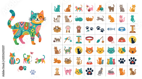 Colorful cat icons set, flat vector feline character collection, cute kitten pet accessories and paw prints, 48 decorative animal elements