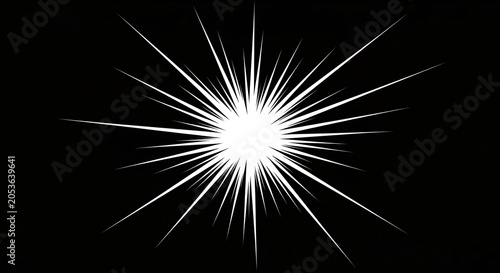 Bright white starburst explosion with sharp rays radiating outward against a black background perfect for dynamic visual effects and design projects