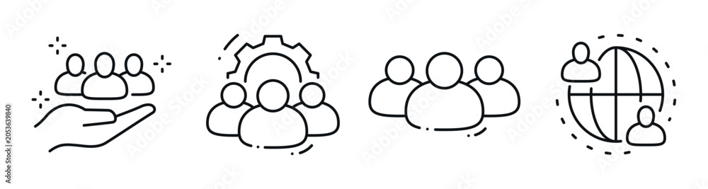 Obraz premium Team icons depicting group support in global context. Editable stroke