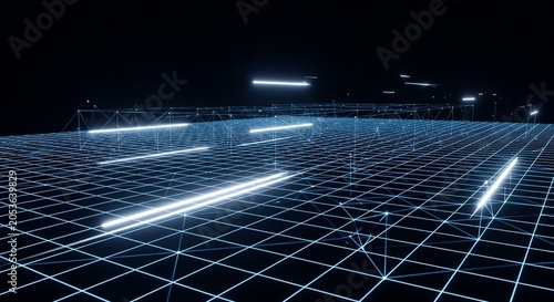 Digital blue grid landscape with glowing light streaks