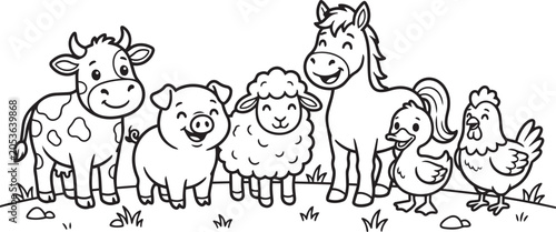 Φωτογραφία Cute farm animals coloring page featuring cow, pig, sheep, horse, duck and chick