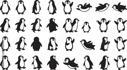 Konstfotografi Cute penguin silhouette vector set featuring walking, standing, waving and swimm