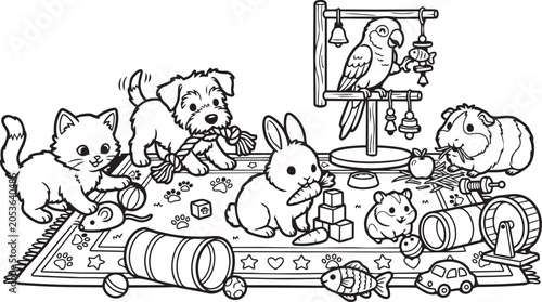 Cute pet animals coloring page featuring kitten, puppy, rabbit, parrot, guinea pig and hamster for children