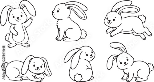 Cute rabbit coloring page vector set featuring playful bunny characters in different poses for kids activity illustrations