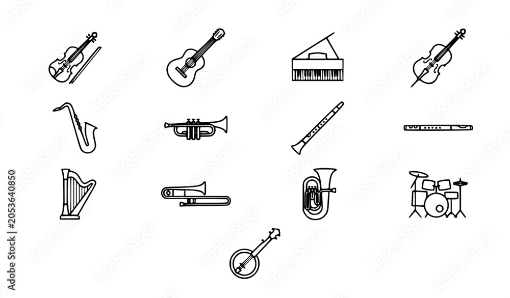Obraz premium A collection of minimalist black line art icons representing musical instruments, including violin, acoustic guitar, piano, saxophone, trumpet, flute, harp, trombone, tuba, banjo, and drum set, simple