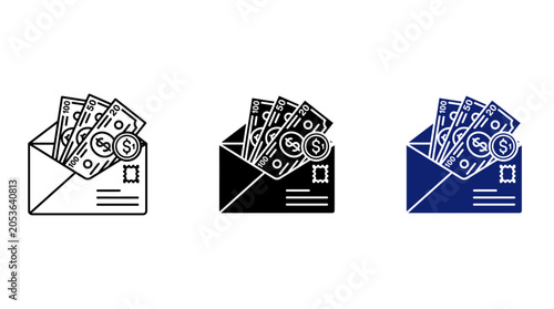 Money Envelope with Dollar Banknotes and Coins Icon Set in Three Styles