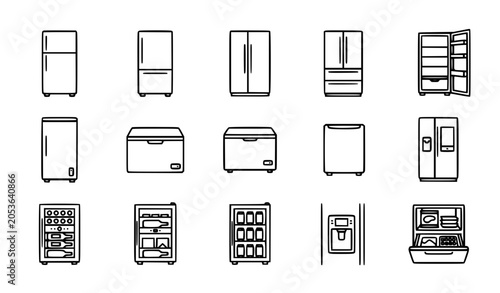 A premium fridge line icon set featuring refrigeration, food storage, and smart appliance concepts. Including refrigerator, freezer, smart fridge, double-door fridge, mini fridge, freezer storage, coo