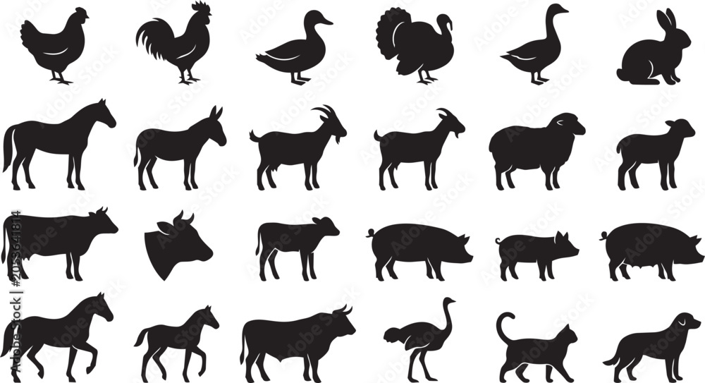 Obraz premium Farm animal silhouette collection featuring domestic livestock and poultry isolated on white background for agricultural design