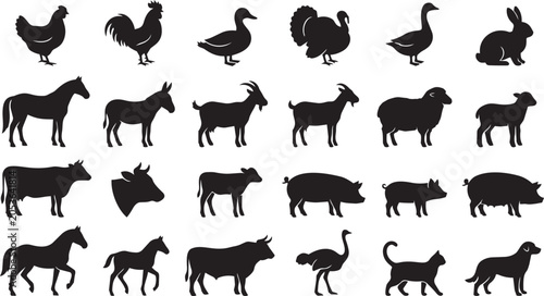 Farm animal silhouette collection featuring domestic livestock and poultry isolated on white background for agricultural design