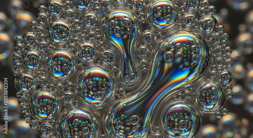 Iridescent soap bubbles on dark background