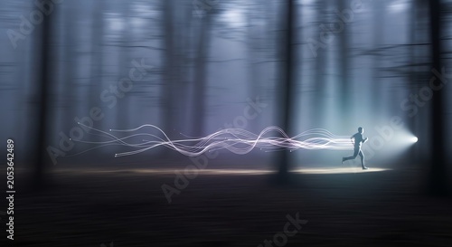 Man running through dark forest with glowing light trails
