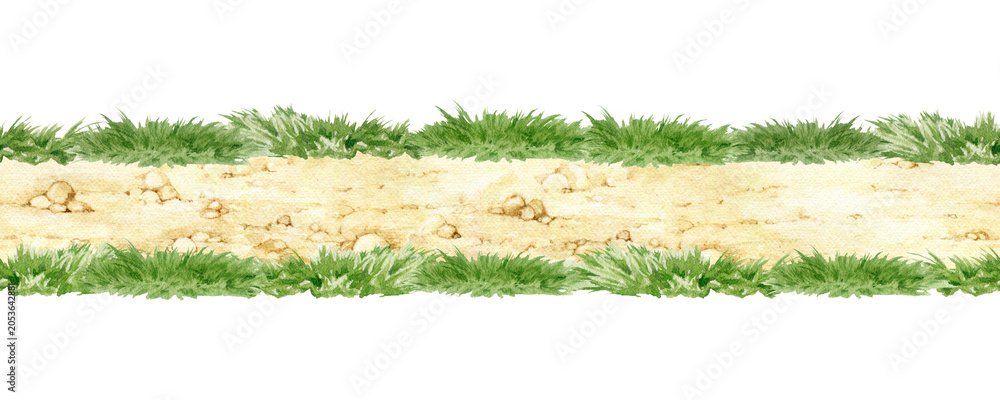 Fototapeta premium Seamless watercolor dirt path bordered by grass isolated. Hand painted side view terrain asset for game design, map creation, platformer environments, countryside scenes and landscape projects