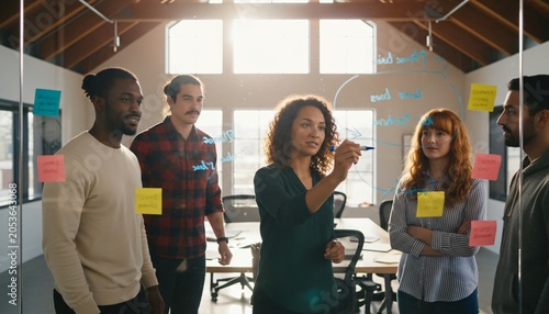 Diverse team collaborating on a project using a glass board with sticky notes and markers in a modern office setting.